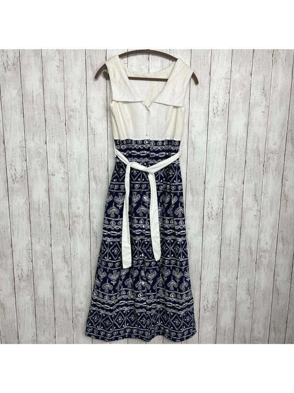 Vintage Beeline Fashions Blue White Cotton Maxi Dress Petite L Empire Waist Boho